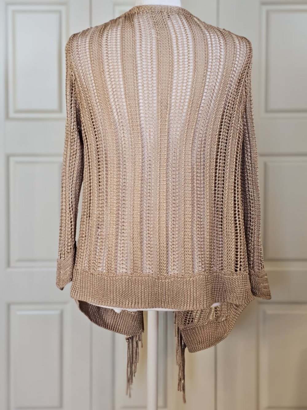 Fringe Open Knit Cardigan Chico's 1 Taupe Boho Lagenlook Fitted Sleeve Drape - Picture 4 of 11